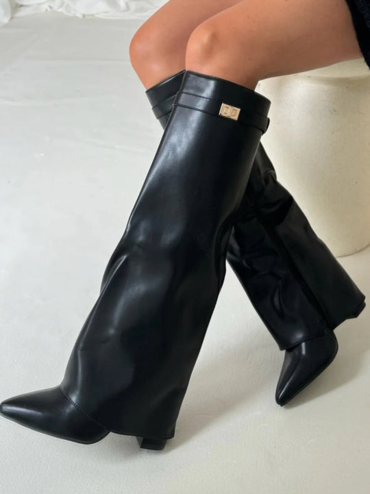 Hohe Stiefel aus PU-Leder - Spitzes Ende - Stiefel mit Absatz - Stiefel mit weitem Schaft EB