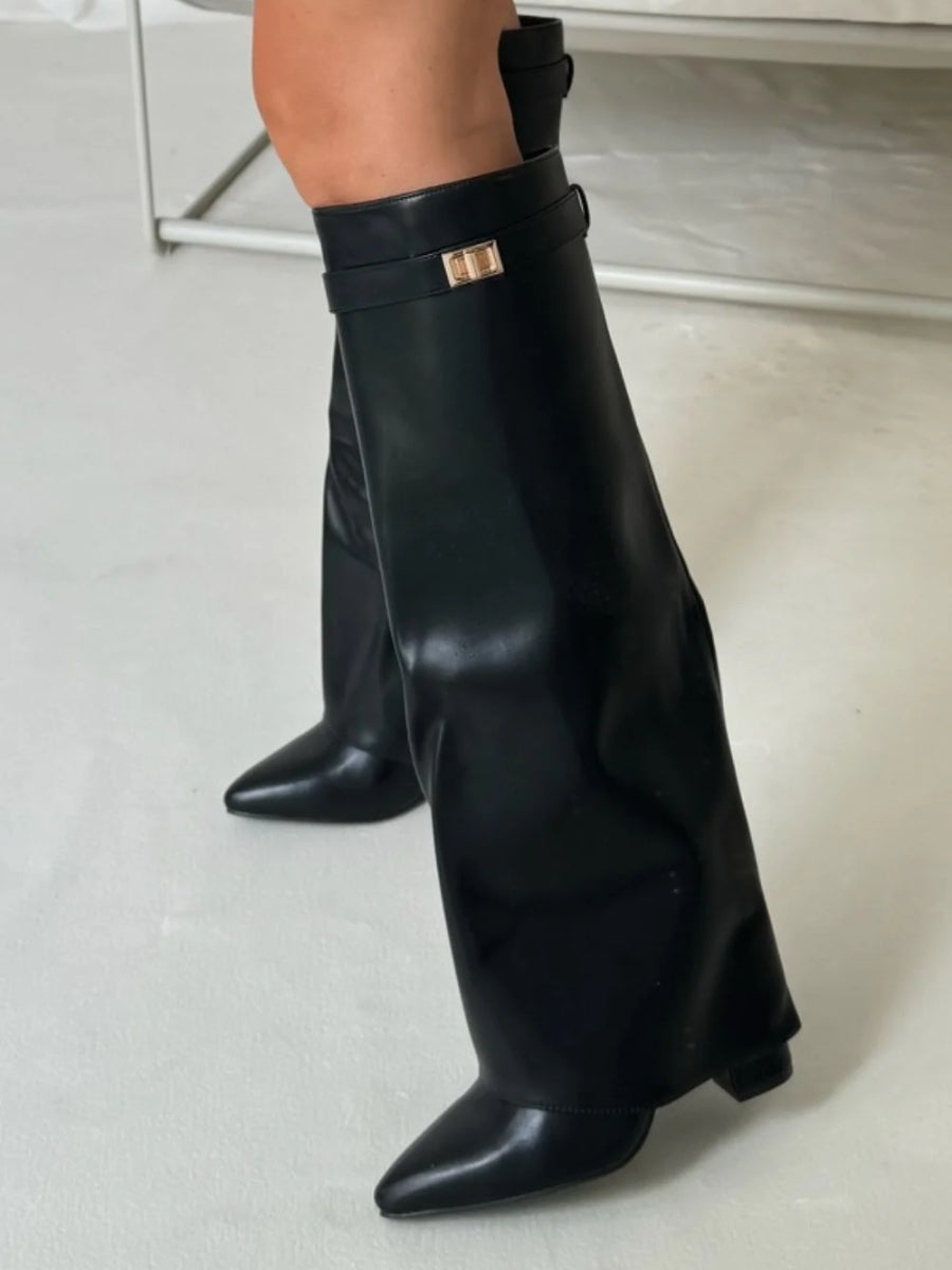 Hohe Stiefel aus PU-Leder - Spitzes Ende - Stiefel mit Absatz - Stiefel mit weitem Schaft EB