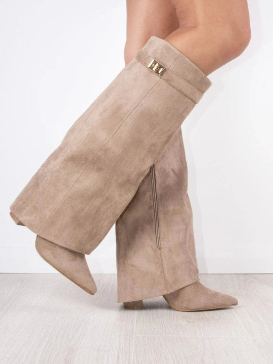 Hohe Stiefel aus PU-Leder - Spitzes Ende - Stiefel mit Absatz - Stiefel mit weitem Schaft EB