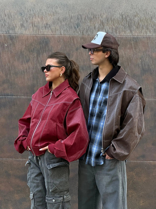EB | Burgundisch Zip up Jacke in Übergröße mit Kontrastnähten