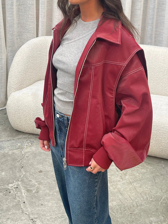 EB | Burgundisch Zip up Jacke in Übergröße mit Kontrastnähten