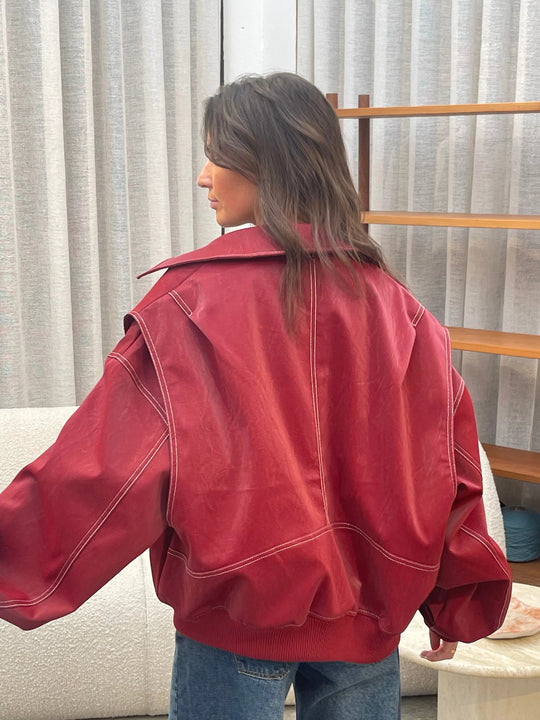 EB | Burgundisch Zip up Jacke in Übergröße mit Kontrastnähten