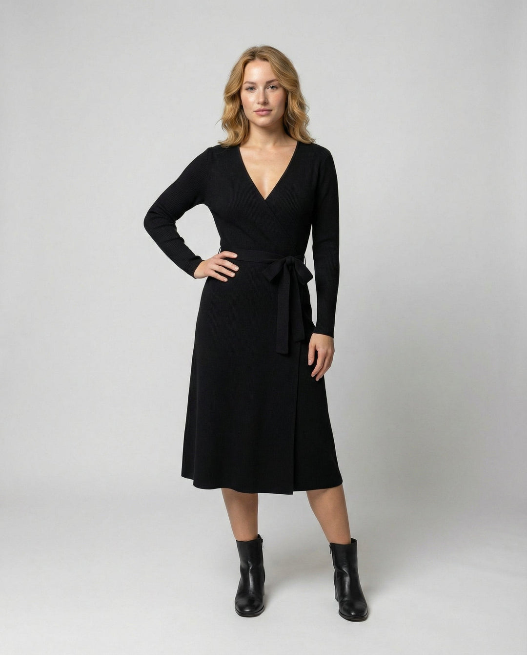 Elegantes Damen Wickelkleid mit Langen Ärmeln und Taillenkordelung | EB
