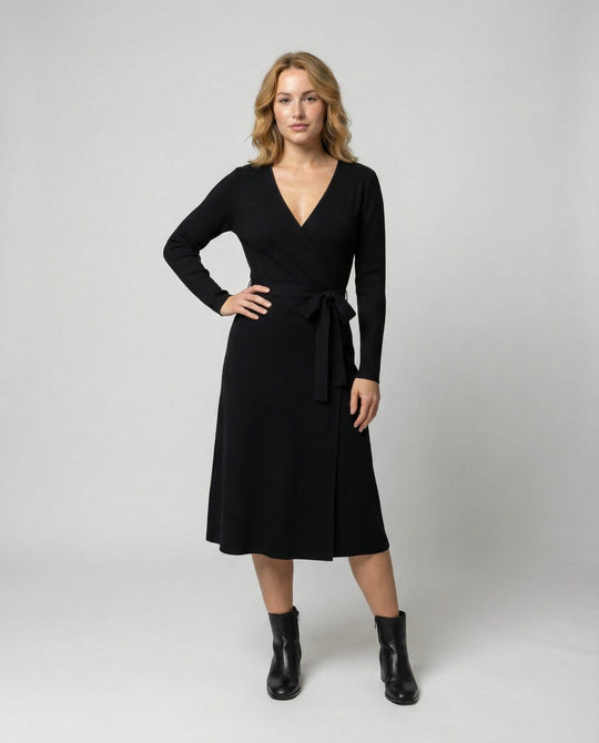 Elegantes Damen Wickelkleid mit Langen Ärmeln und Taillenkordelung | EB