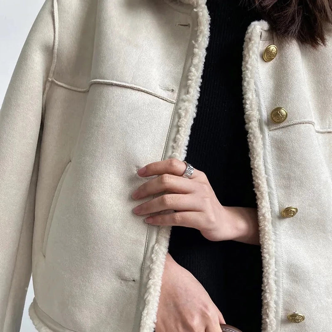 EB | Wildleder Kragenlose Lammfelljacke Goldknopf Vorderjacke