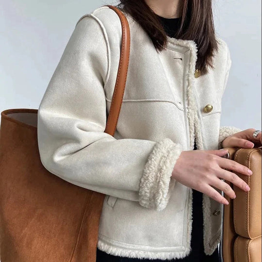 EB | Wildleder Kragenlose Lammfelljacke Goldknopf Vorderjacke