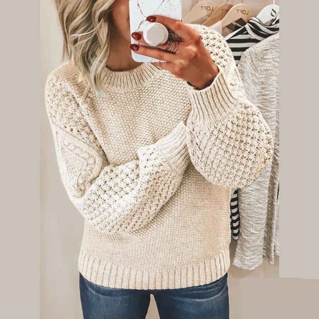 EB | Strickpullover Sanfter Strick Lockere Passform Ballonärmel und Rundhalsausschnitt
