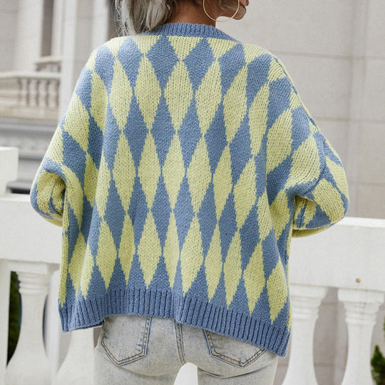 EB | Cardigan mit Harlekin-muster Rundhals Lässig und Trendy