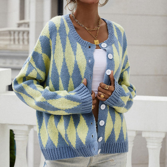 EB | Cardigan mit Harlekin-muster Rundhals Lässig und Trendy