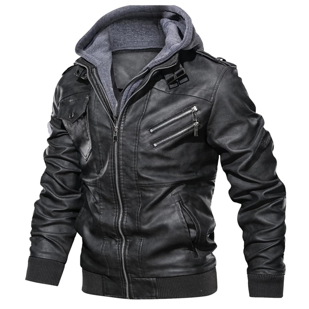 EB | Herren Lederjacke - Biker-Stil mit doppellagiger Kapuze