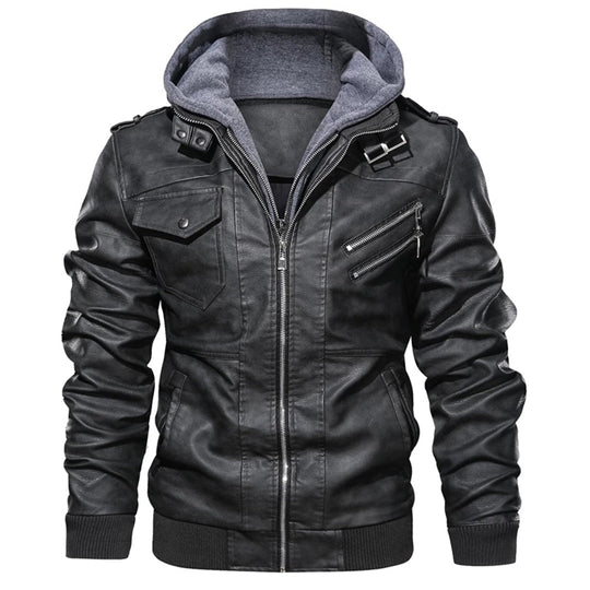 EB | Herren Lederjacke - Biker-Stil mit doppellagiger Kapuze
