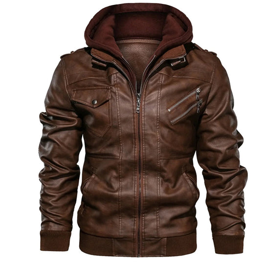 EB | Herren Lederjacke - Biker-Stil mit doppellagiger Kapuze