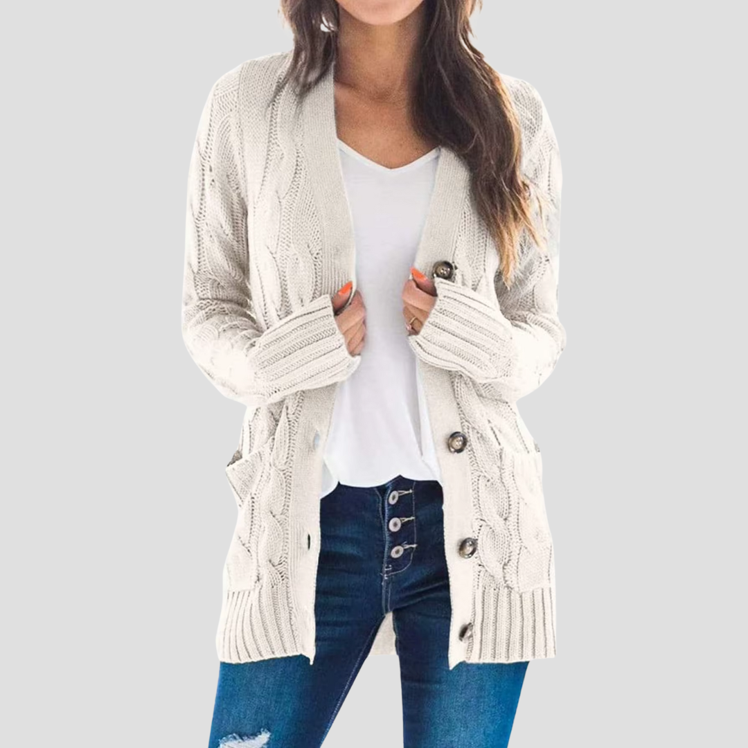 EB | Damen Kabelstrick-Cardigan mit Knopfschluss und Taschen