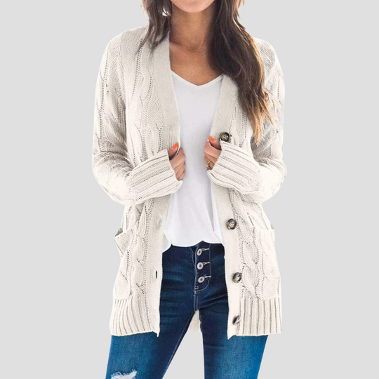 EB | Damen Kabelstrick-Cardigan mit Knopfschluss und Taschen