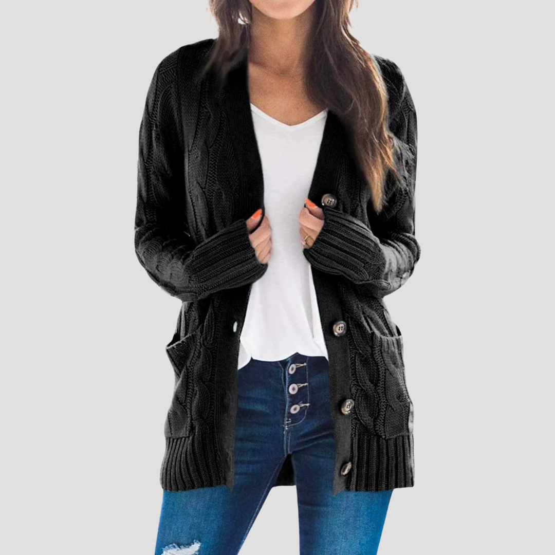 EB | Damen Kabelstrick-Cardigan mit Knopfschluss und Taschen