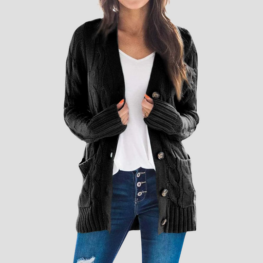EB | Damen Kabelstrick-Cardigan mit Knopfschluss und Taschen