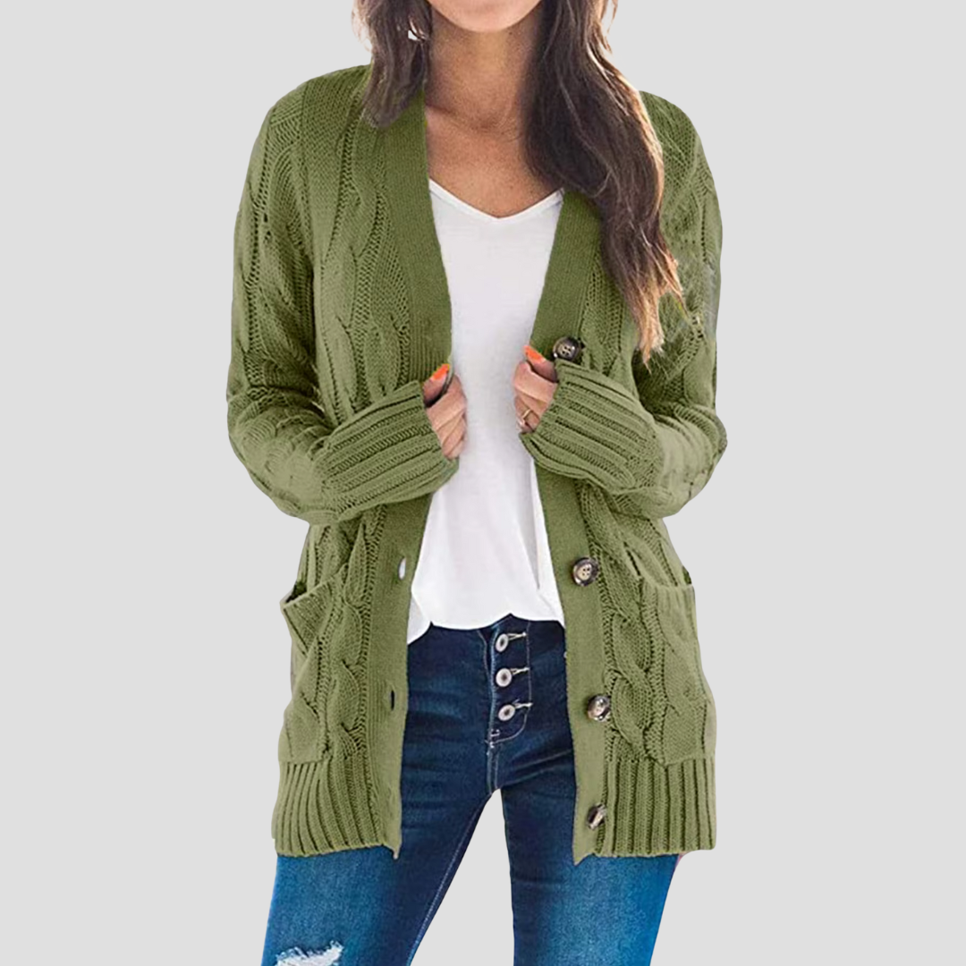 EB | Damen Kabelstrick-Cardigan mit Knopfschluss und Taschen