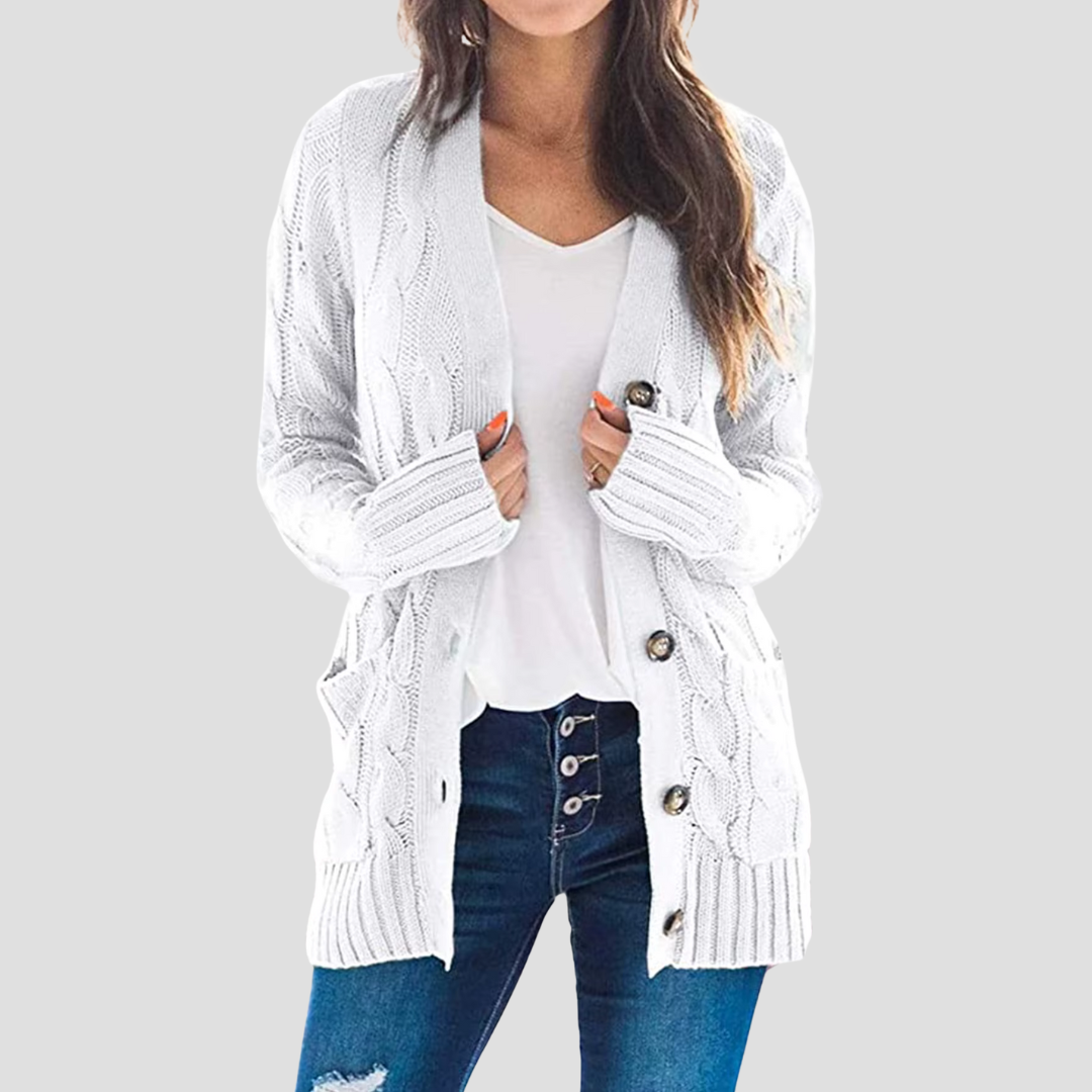 EB | Damen Kabelstrick-Cardigan mit Knopfschluss und Taschen