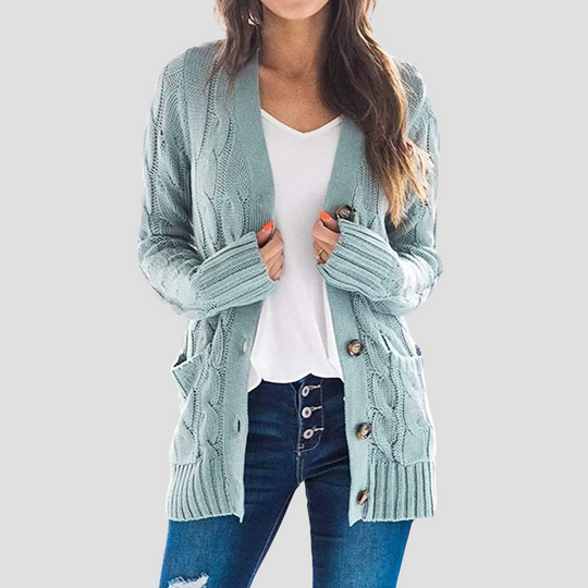 EB | Damen Kabelstrick-Cardigan mit Knopfschluss und Taschen
