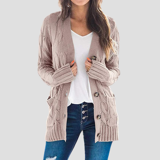 EB | Damen Kabelstrick-Cardigan mit Knopfschluss und Taschen