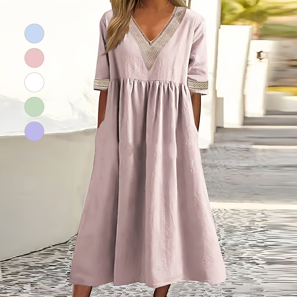 EB | A-Linien-Midi-Sommerkleid mit V-Ausschnitt und Kurzen Ärmeln für Damen