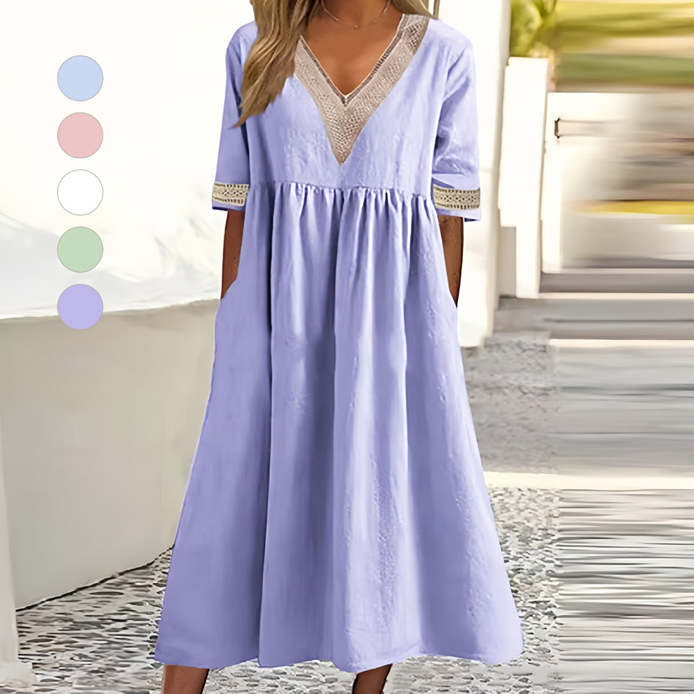 EB | A-Linien-Midi-Sommerkleid mit V-Ausschnitt und Kurzen Ärmeln für Damen