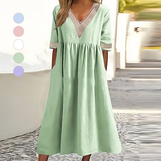 EB | A-Linien-Midi-Sommerkleid mit V-Ausschnitt und Kurzen Ärmeln für Damen