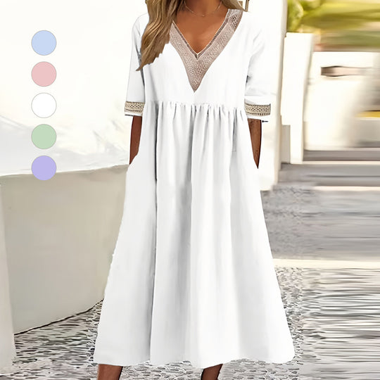 EB | A-Linien-Midi-Sommerkleid mit V-Ausschnitt und Kurzen Ärmeln für Damen