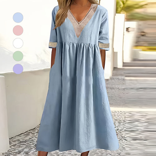 EB | A-Linien-Midi-Sommerkleid mit V-Ausschnitt und Kurzen Ärmeln für Damen