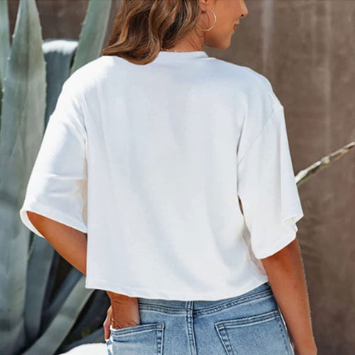 EB | Lässiges, Einfarbiges, Kurzes T-Shirt mit Rundhalsausschnitt für Damen