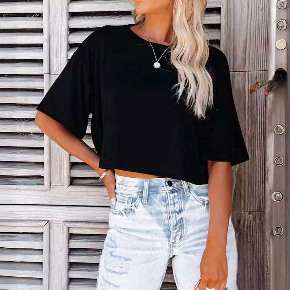 EB | Lässiges, Einfarbiges, Kurzes T-Shirt mit Rundhalsausschnitt für Damen
