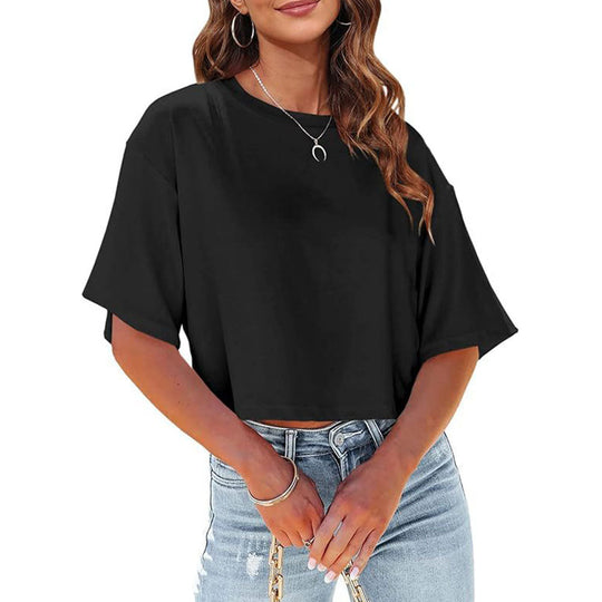 EB | Lässiges, Einfarbiges, Kurzes T-Shirt mit Rundhalsausschnitt für Damen