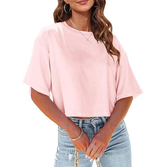 EB | Lässiges, Einfarbiges, Kurzes T-Shirt mit Rundhalsausschnitt für Damen