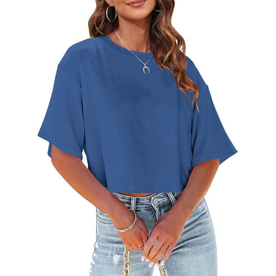 EB | Lässiges, Einfarbiges, Kurzes T-Shirt mit Rundhalsausschnitt für Damen