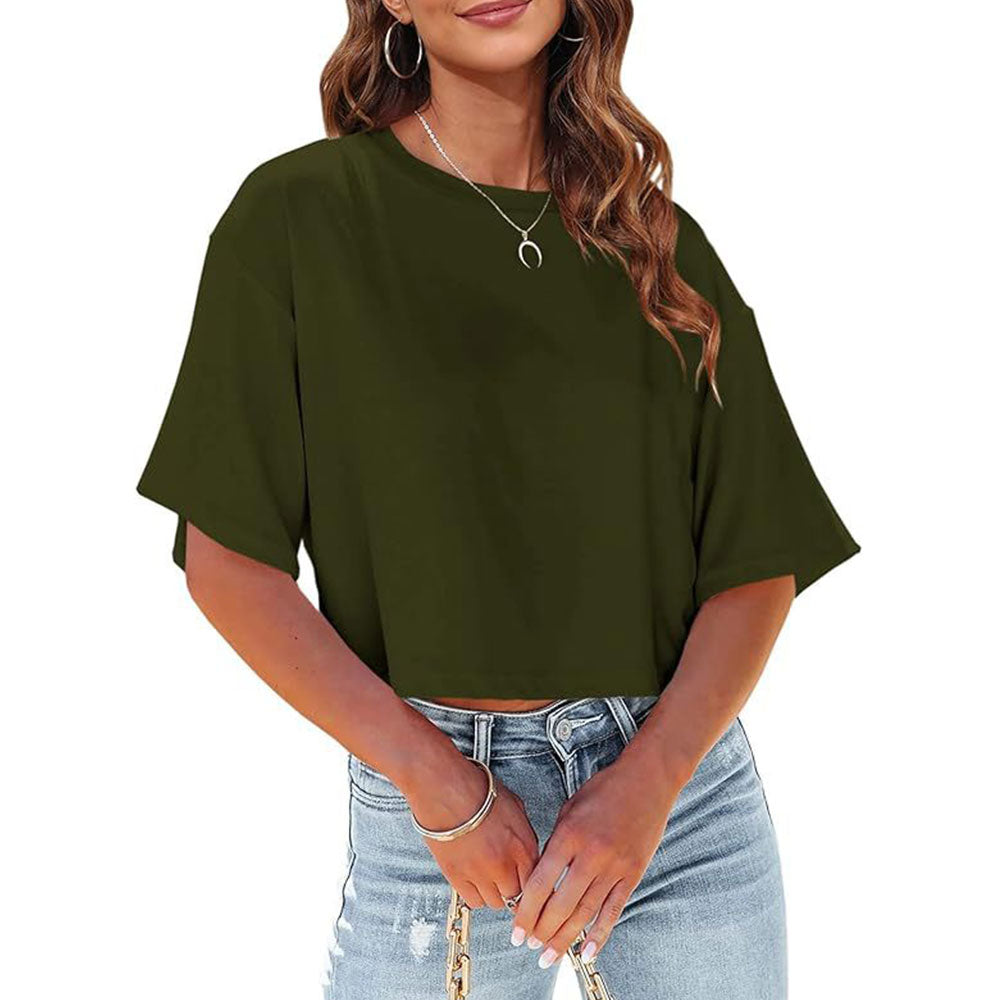 EB | Lässiges, Einfarbiges, Kurzes T-Shirt mit Rundhalsausschnitt für Damen