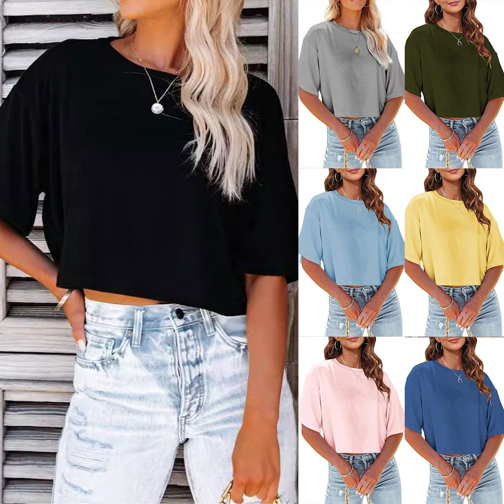 EB | Lässiges, Einfarbiges, Kurzes T-Shirt mit Rundhalsausschnitt für Damen