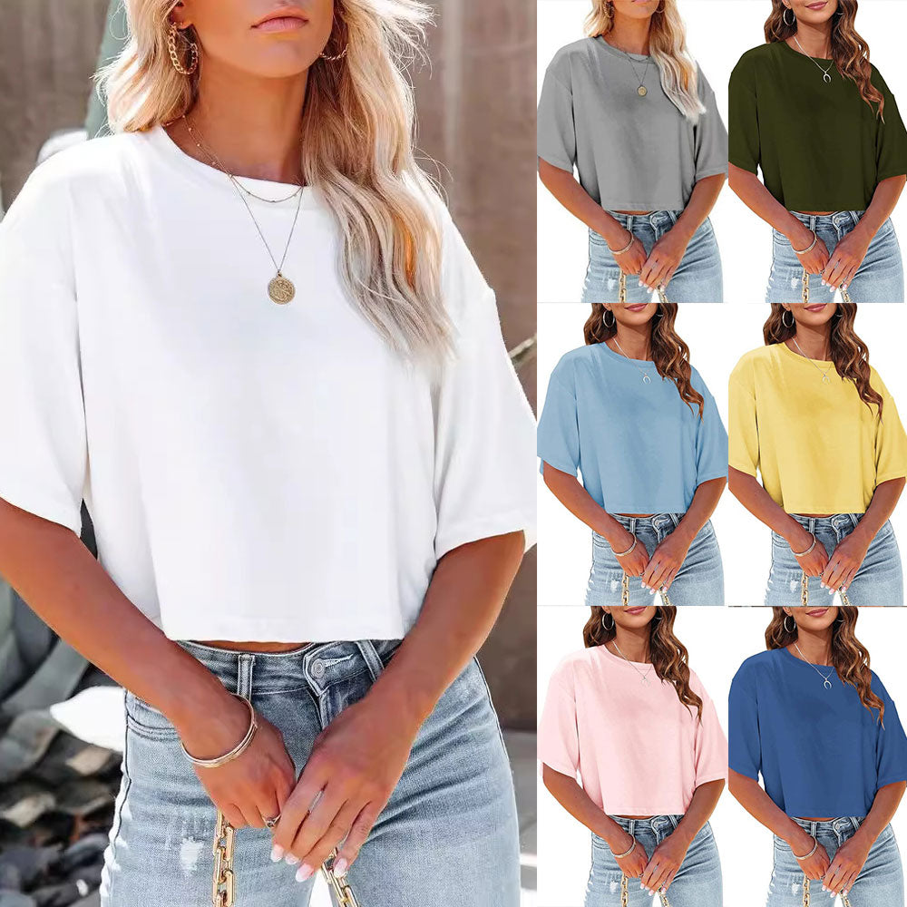 EB | Lässiges, Einfarbiges, Kurzes T-Shirt mit Rundhalsausschnitt für Damen