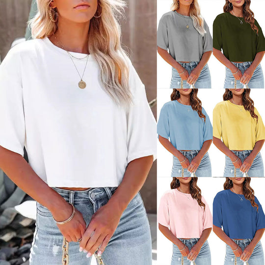 EB | Lässiges, Einfarbiges, Kurzes T-Shirt mit Rundhalsausschnitt für Damen