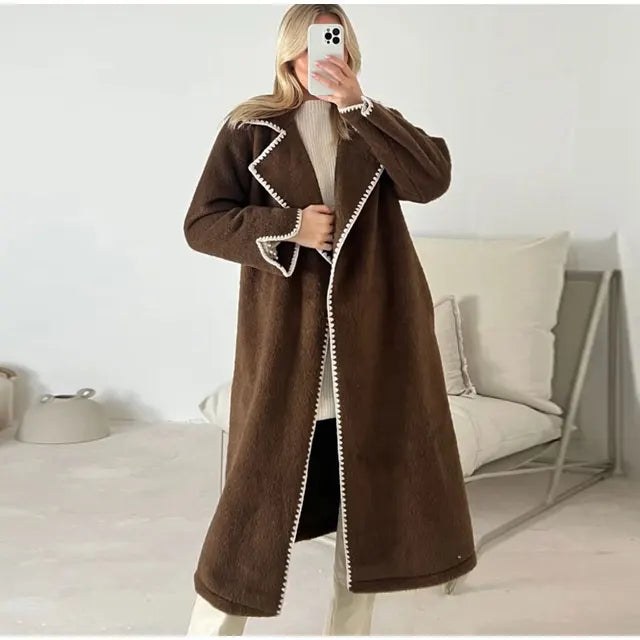 EB | Elegante Lange Jacke mit Kontrastnähten Wollmischung Luxuriös, Bequem