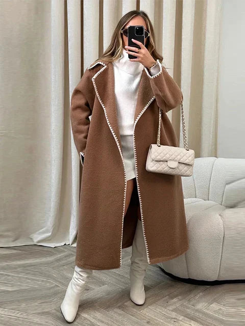 EB | Elegante Lange Jacke mit Kontrastnähten Wollmischung Luxuriös, Bequem