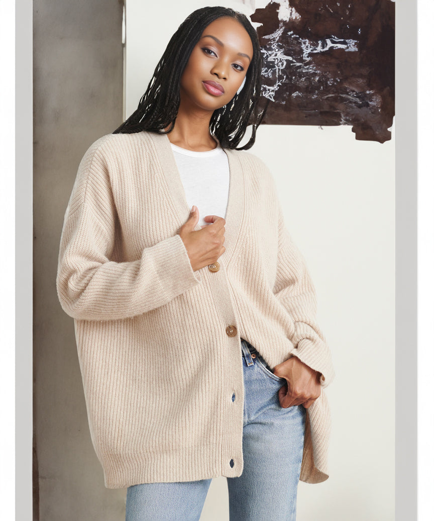 EB | Cardigan - Damen Herbst Oversized Knopf-Cardigan mit Rippstrick