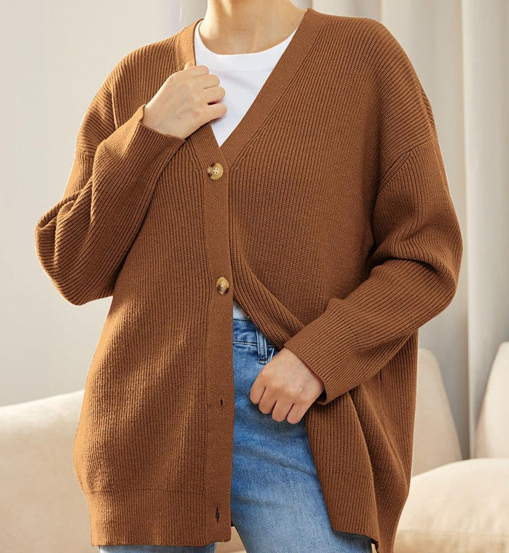 EB | Cardigan - Damen Herbst Oversized Knopf-Cardigan mit Rippstrick
