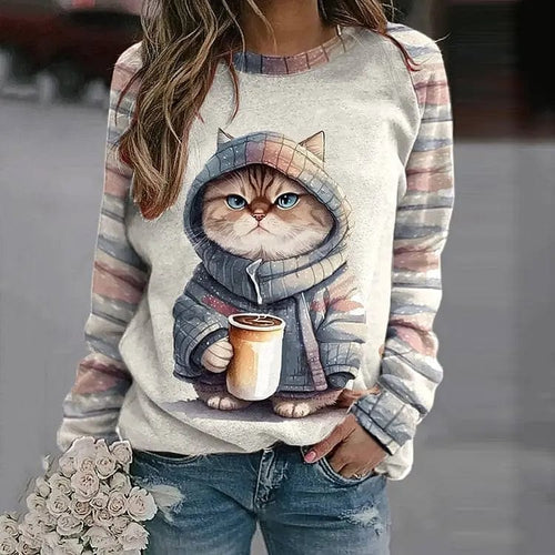 EB | Pullover Lockere Passform Baumwollstrick Raglanärmel Katzenmotiv