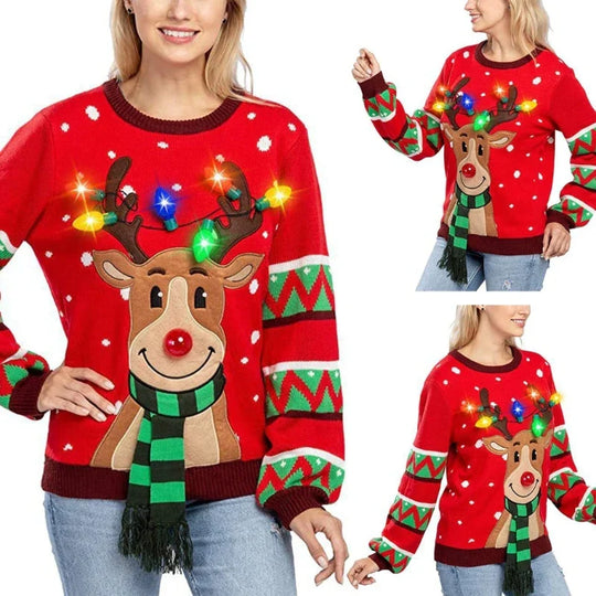 EB | Weihnachtspullover mit LED-Beleuchtung - Warmer & Stilvoller Damenpullover mit Rentiermuster