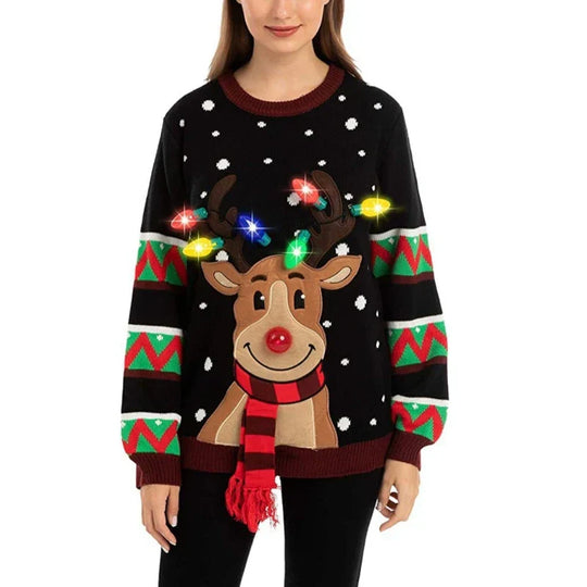 EB | Weihnachtspullover mit LED-Beleuchtung - Warmer & Stilvoller Damenpullover mit Rentiermuster