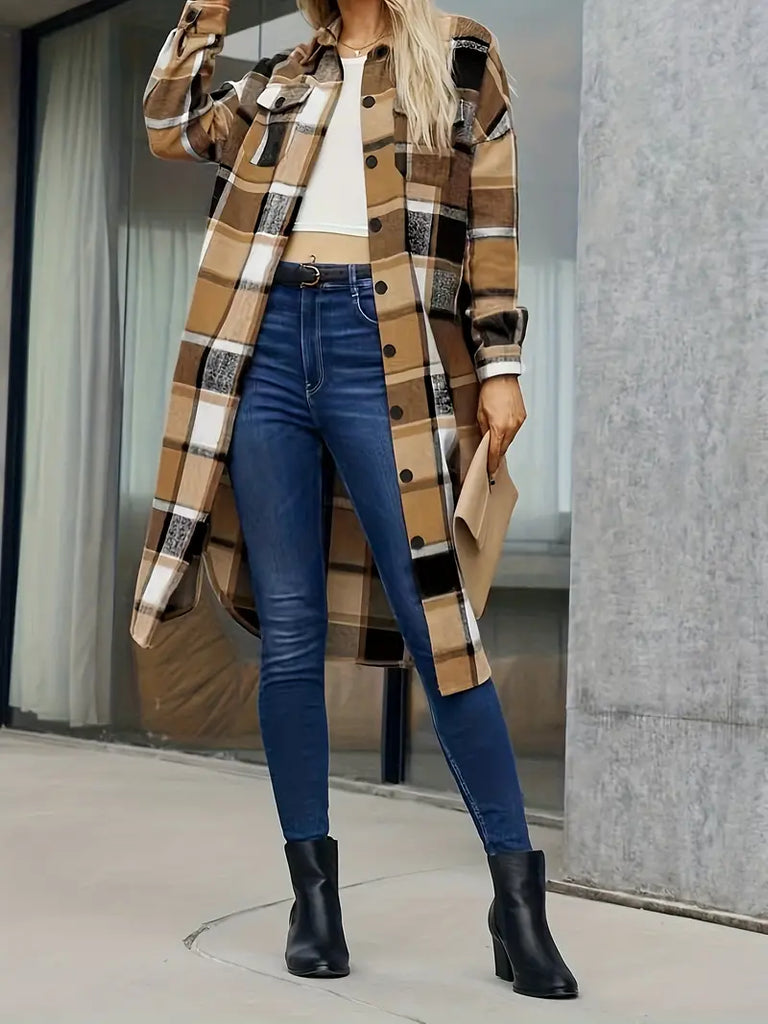 EB | Karo Langmantel Lässig Moderner Stil Ideal für den Herbst