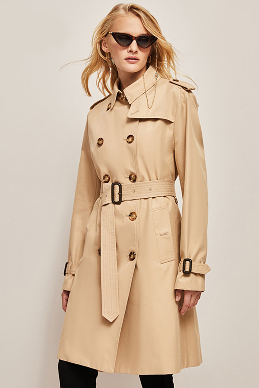 EB | Damen Langer Slim Fit Trenchcoat mit Gürtel und Doppelreihigen Knöpfen