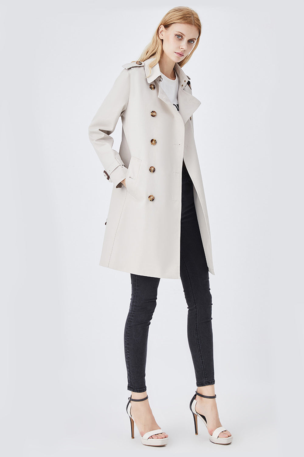 EB | Damen Langer Slim Fit Trenchcoat mit Gürtel und Doppelreihigen Knöpfen