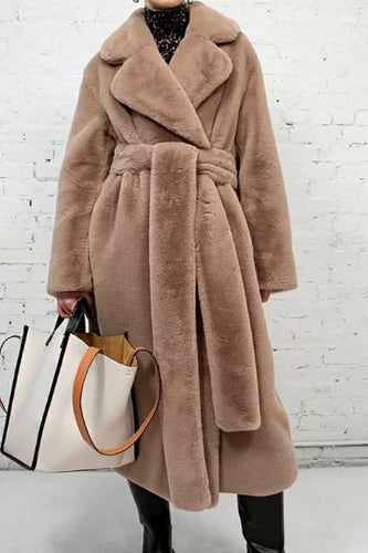 EB | Damen Lange Imitationsfelljacke mit Offener Vorderseite und Gürtel