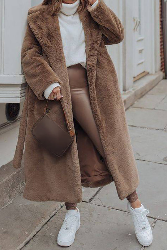 EB | Damen Lange Imitationsfelljacke mit Offener Vorderseite und Gürtel